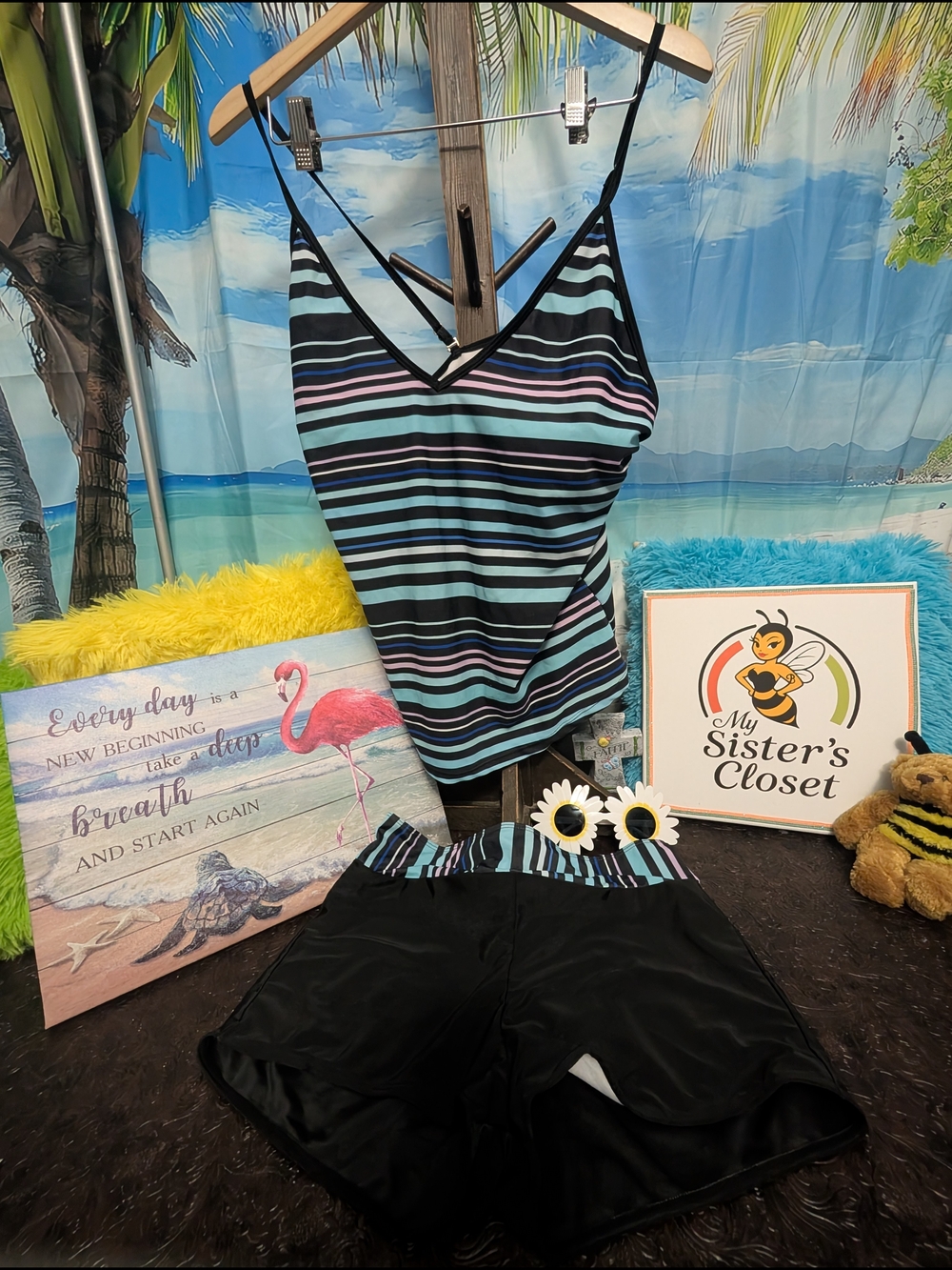 Striped V-Neck Tankini Top & Black Swim Shorts Set - Blue, Teal, Pink Stripes